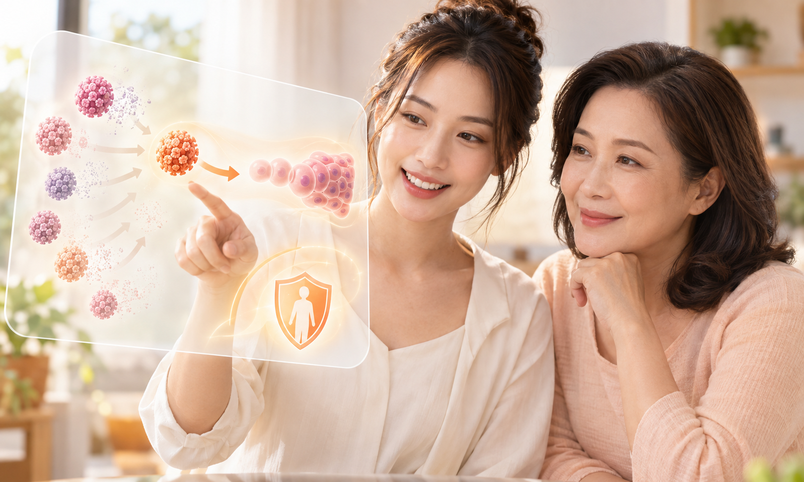 ภาพประกอบความสัมพันธ์ระหว่างเชื้อ HPV การเปลี่ยนแปลงของเซลล์ และการป้องกัน