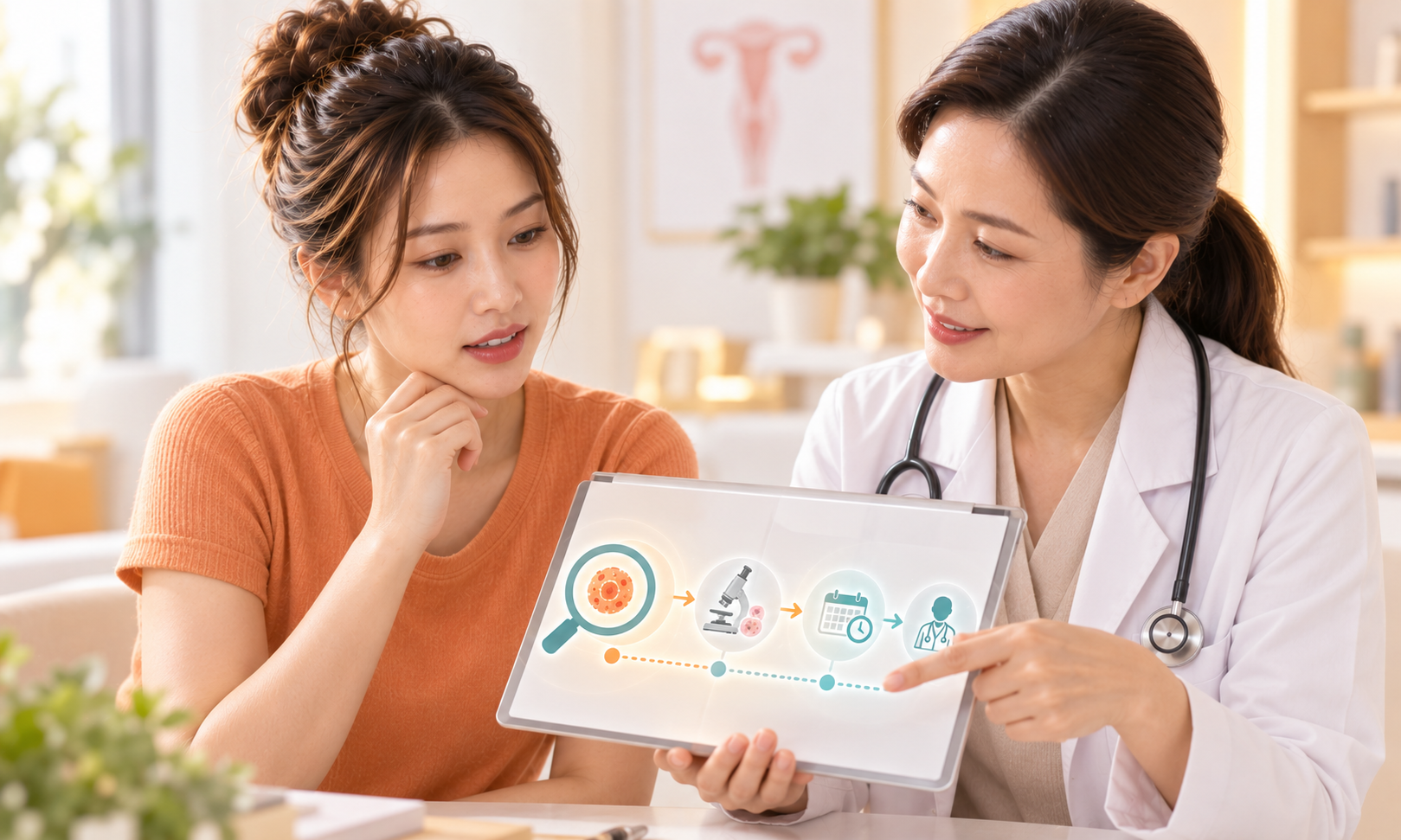 ภาพประกอบแพทย์อธิบายผลตรวจ HPV และขั้นตอนติดตาม